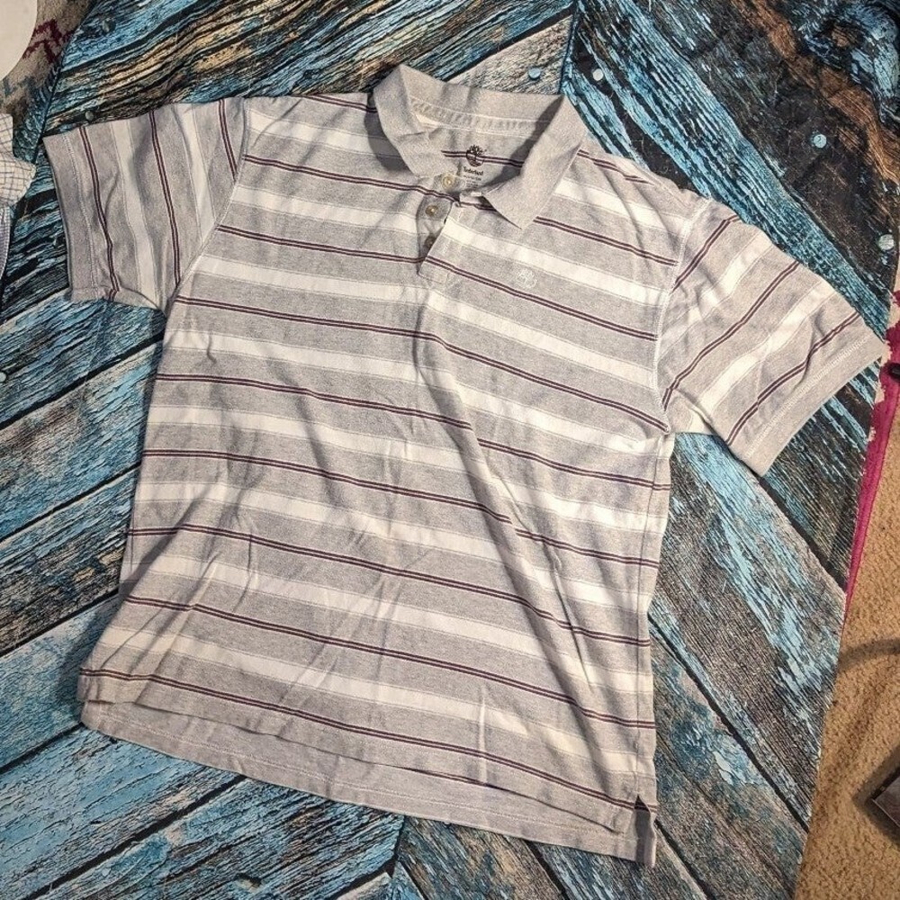 Timberland XXL Men's Grey White 100% Cotton Striped‎ Polo Shirt